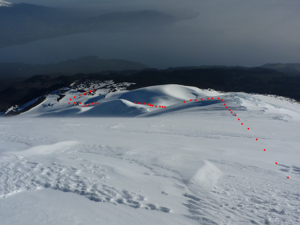On the summit cone, looking down to the ski area, showing the return route.  X marks the top of the chairlift.